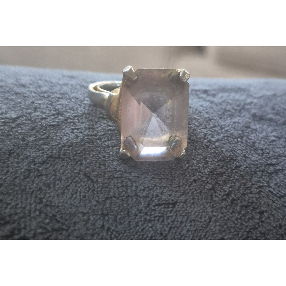 Vtg Emerald Cut Pale Pink Stone Cocktail Ring  Unmarked Adjustable Sz 6.5